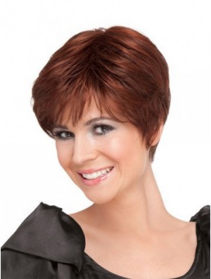 Red Short Straight Boycuts 100% Hand-tied High Quality Ladies Wigs Cheap