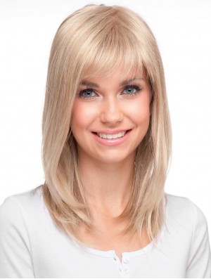 High Quality Blonde Straight With Bangs Monofilament Long Wigs