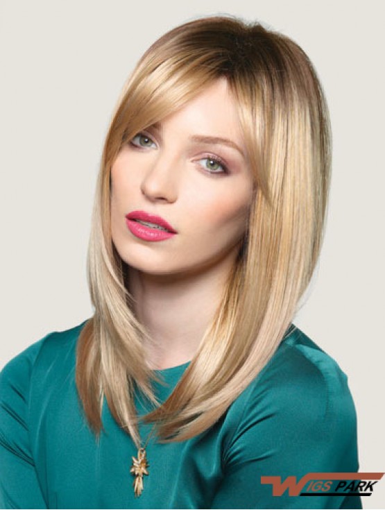 Blonde 16 inch Convenient Long Straight With Bangs Lace Wigs