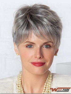 Monofilament Lace Wigs Grey Cut Straight Style Short Length