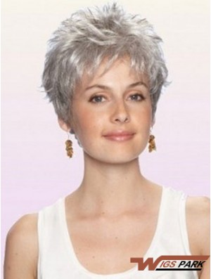 Grey Wig With Capless Cropped Length Boycuts Wavy Style