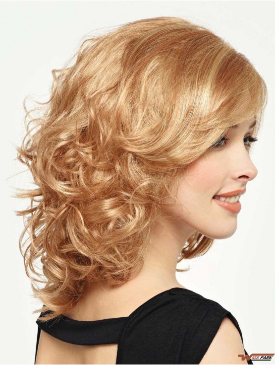 Curly Wig With Bangs Shoulder Length Blonde Color With Capless