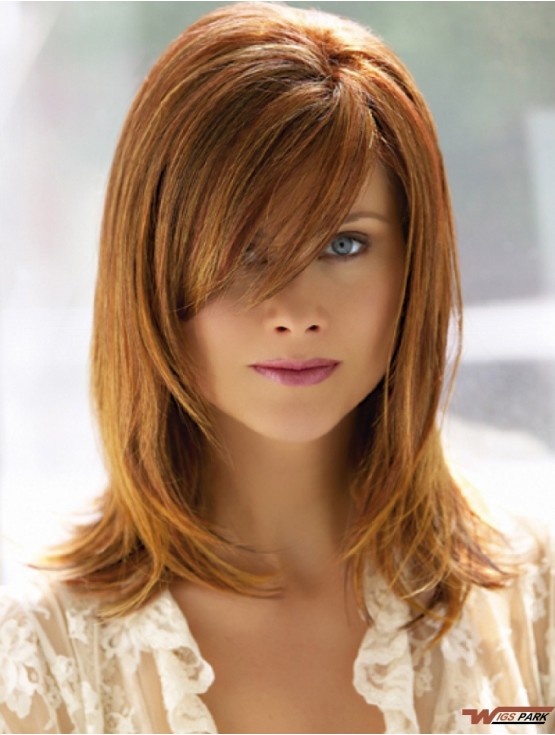 Shoulder Length With Bangs 14 inch Straight Auburn Medium Wigs