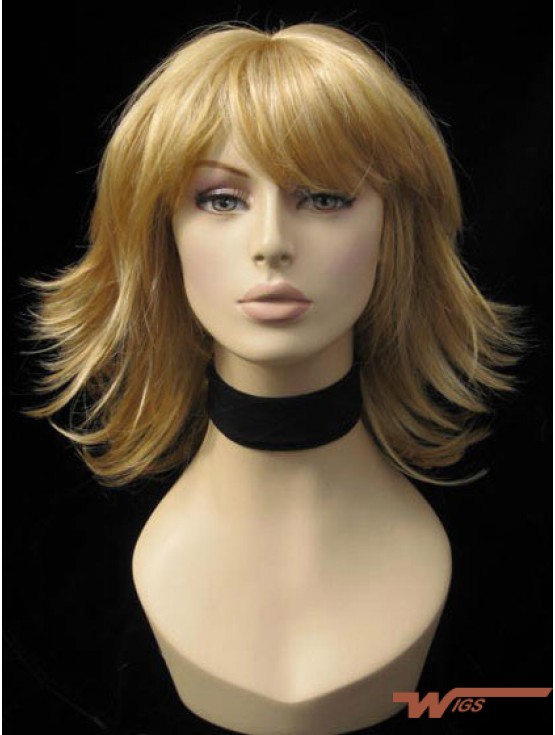 Convenient Straight Blonde Shoulder Length With Bangs Medium Wigs