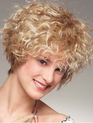 Chin Length With Bangs 8 inch Curly Blonde Medium Wigs