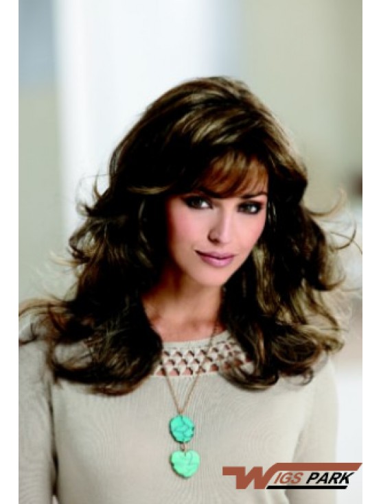 Sleek Brown Wavy With Bangs Capless Long Wigs