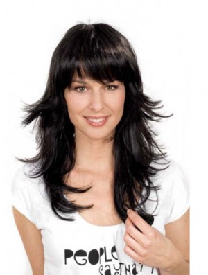 Popular Black Straight With Bangs Capless Long Wigs