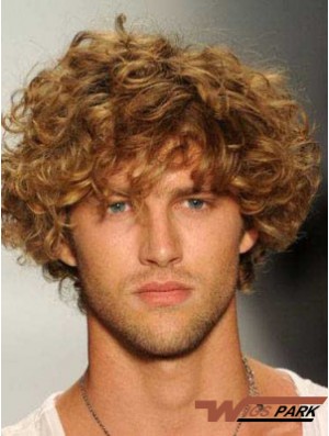 Blonde 8inch Remy Real Hair Curly Layered Capless  Mens Wigs