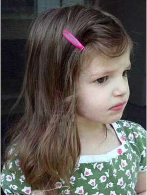 Straight Shoulder Length Brown Remy Real Hair Lace Front Kids Wigs