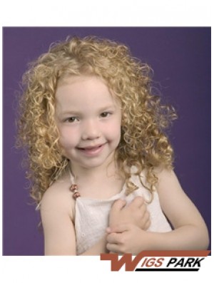 Curly Shoulder Length Blonde Synthetic 100% Hand-tied Kids Wigs