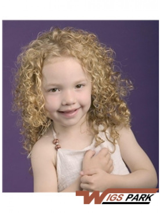 Curly Shoulder Length Blonde Synthetic 100% Hand-tied Kids Wigs