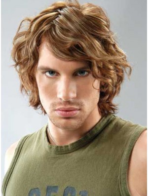 Lace Front Brown Remy Real Curly With Bangs Men's Wigs In UK