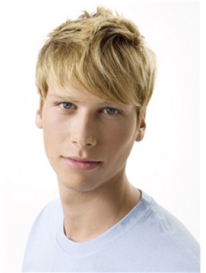 Remy Real 100% Hand Tied Short Wavy Blonde Wigs For Men