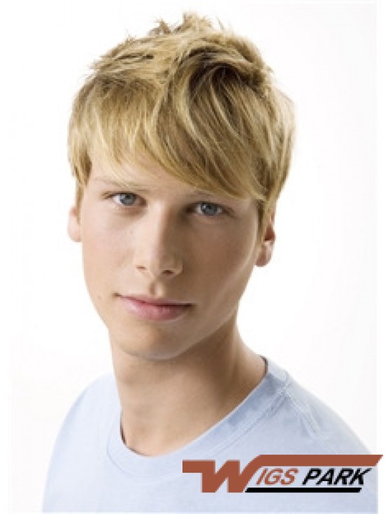 Remy Real 100% Hand Tied Short Wavy Blonde Wigs For Men