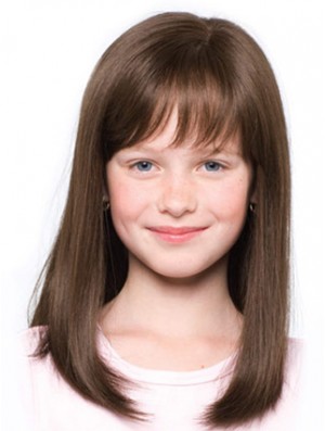 Straight Shoulder Length Brown Synthetic 100% Hand-tied Kids Wigs