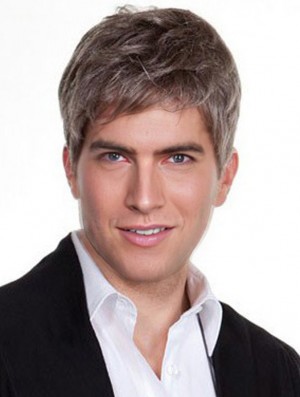 Straight Grey 100% Hand Tied Remy Real 6 inch Silk Wigs For Men