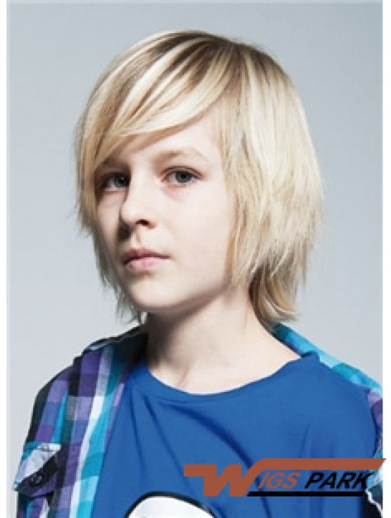 Straight Chin Length Blonde Remy Real Hair Capless Kids Wigs