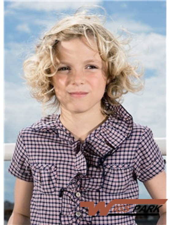 Curly Chin Length Blonde Synthetic 100% Hand-tied Kids Wigs