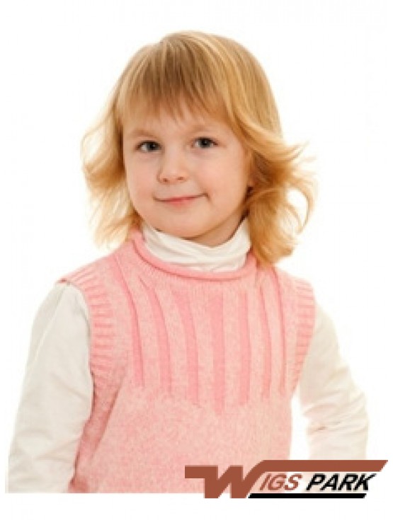 Wavy Shoulder Length Blonde Remy Real Hair 100% Hand-tied Kids Wigs