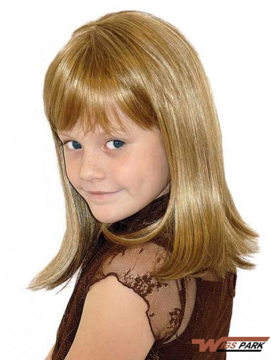 Straight Shoulder Length Blonde Synthetic 100% Hand-tied Kids Wigs