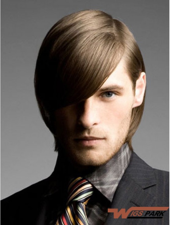 Brown Chin Length Remy Real Straight Wig For Man