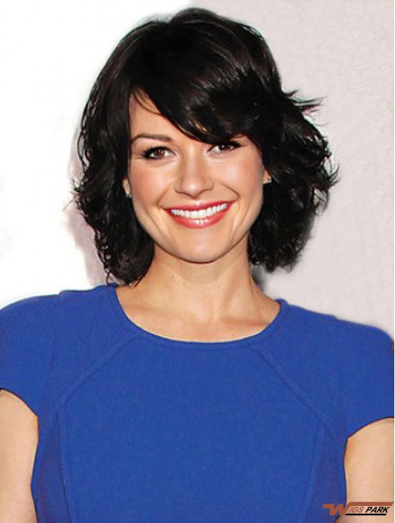 Modern Black Chin Length Wavy 12 inch With Bangs Carla Gugino Wigs