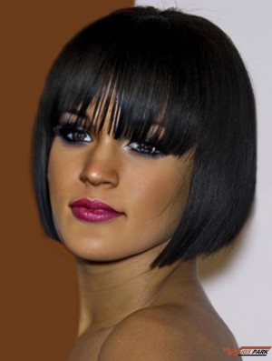 Black Straight With Bangs 100% Hand-tied 10 inch Affordable  Wigs