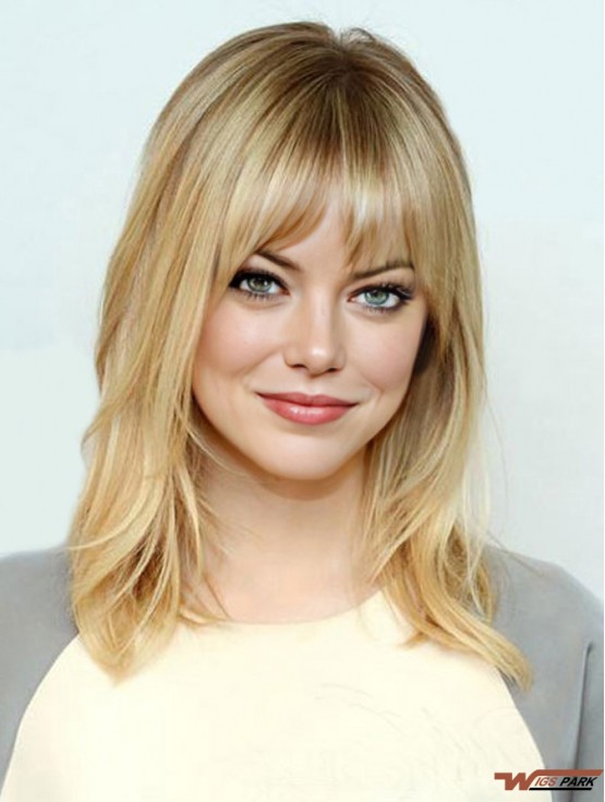 Comfortable Blonde Shoulder Length Straight 16 inch With Bangs  Wigs