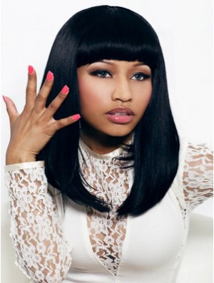 16 inch Black Straight With Bangs Shoulder Length Convenient Nicki Minaj Wigs