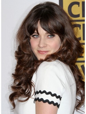 Perfect Brown Long Curly 23 inch With Bangs Zooey Deschanel Wigs