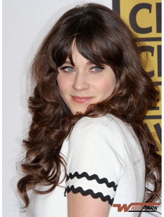 Perfect Brown Long Curly 23 inch With Bangs Zooey Deschanel Wigs