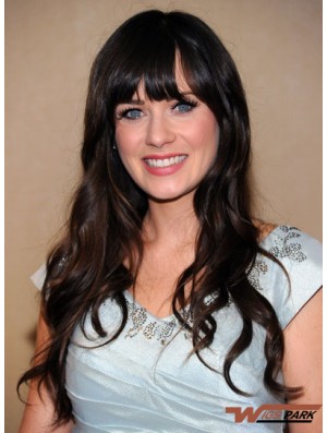 Fashionable Black Long Wavy 25 inch With Bangs Zooey Deschanel Wigs