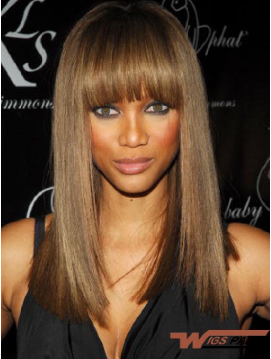 Brown Straight With Bangs Lace Front 16 inch Affordable Tyra Banks Wigs