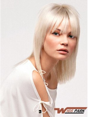 Lace Front With Bangs Shoulder Length Straight 14 inch Platinum Blonde No-Fuss Fashion Wigs