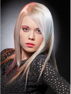 Lace Front Without Bangs Long Straight 16 inch Platinum Blonde Good Fashion Wigs