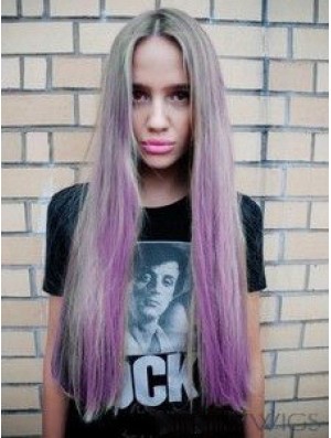 Fashionable Ombre/2 Tone Long Straight Without Bangs 28 inch Real Lace Wigs