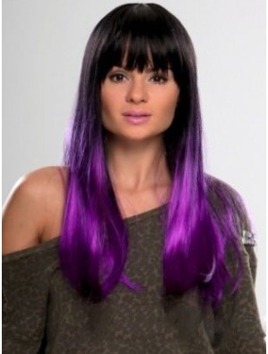 Sassy Ombre/2 Tone Long Straight With Bangs 22 inch Real Lace Wigs