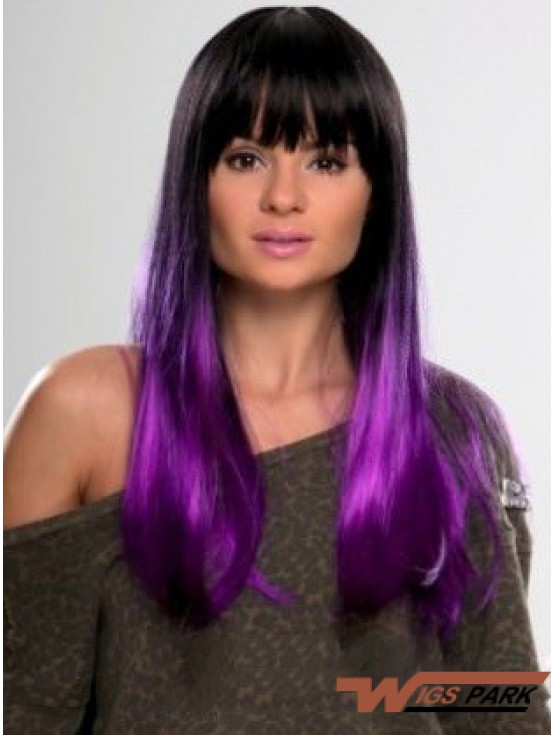 Sassy Ombre/2 Tone Long Straight With Bangs 22 inch Real Lace Wigs