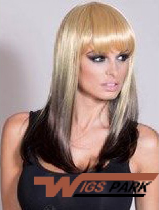 Affordable Ombre/2 Tone Long Straight With Bangs 20 inch Real Lace Wigs