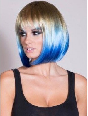 Discount Ombre/2 Tone Short Straight With Bangs 14 inch Real Lace Wigs