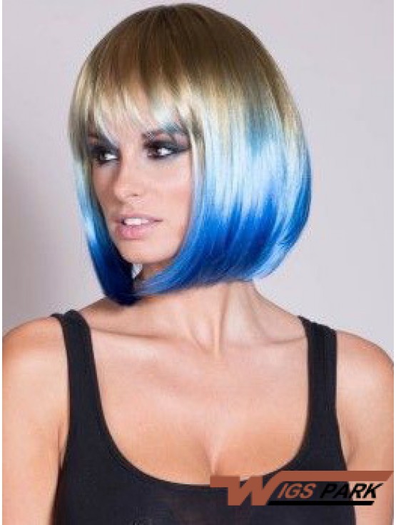 Discount Ombre/2 Tone Short Straight With Bangs 14 inch Real Lace Wigs