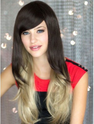 Good Ombre/2 Tone Long Wavy Without Bangs 22 inch Real Lace Wigs