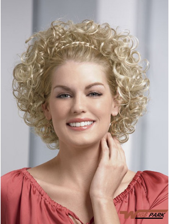 Chin Length Curly Blonde Fashionable Synthetic Half Wigs