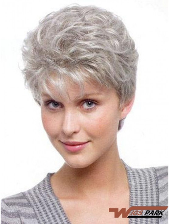 Wigs For Elderly Lady With Synthetic Grey Cut Wavy Style