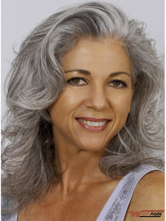 Wavy 100% Hand-tied 14 inch Exquisite Shoulder Length Grey Wigs