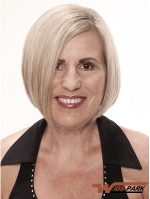 Remy Real Grey Short Straight Monofilament Platinum Blonde Wigs