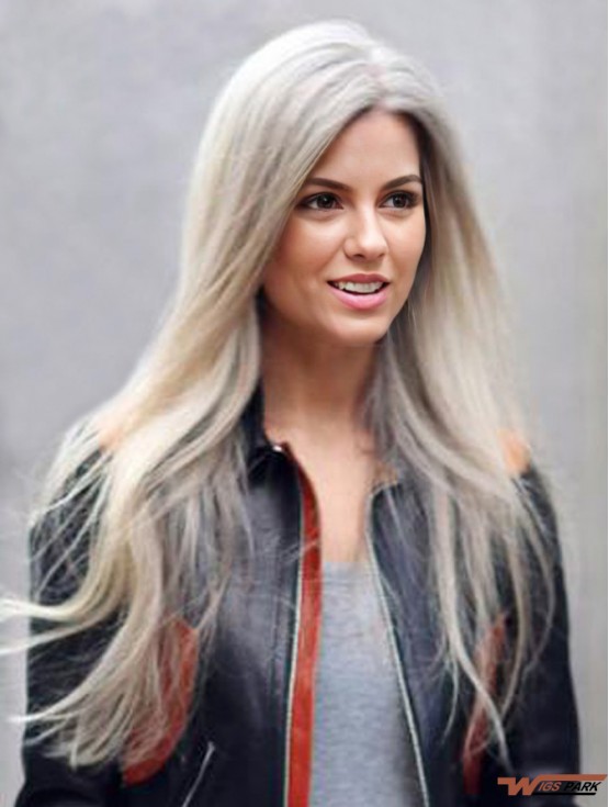 Natural Long Straight 18 inch Synthetic Grey Wigs