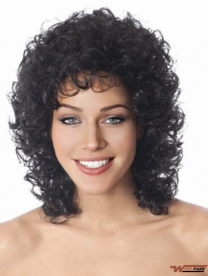 Shoulder Length Black Curly Layered Sleek African American Wigs