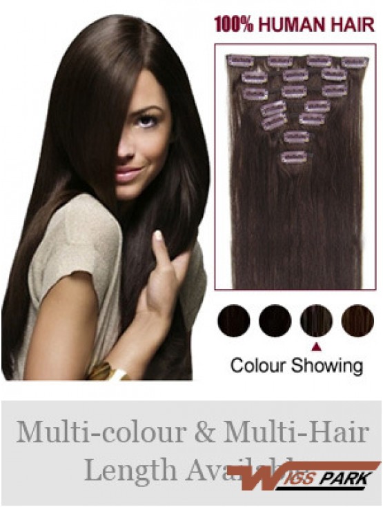 Clip In Real Hair Extensions Full Head Brown Color Straight Style